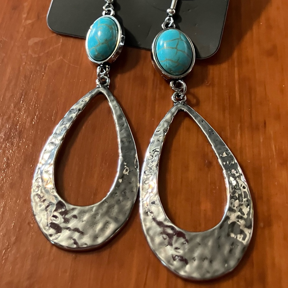 Paparazzi Silver and Turquoise Textured Teardrop Earrings